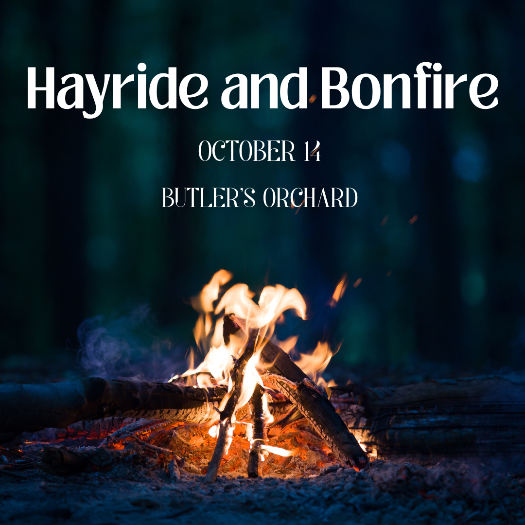 Hayride and Bonfire graphic with an image of a campfire